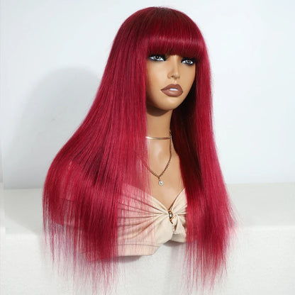 Close-up view of the rich red burgundy colour and silky texture of the Brazilian straight human hair wig with bangs, perfect for elegant transformations.