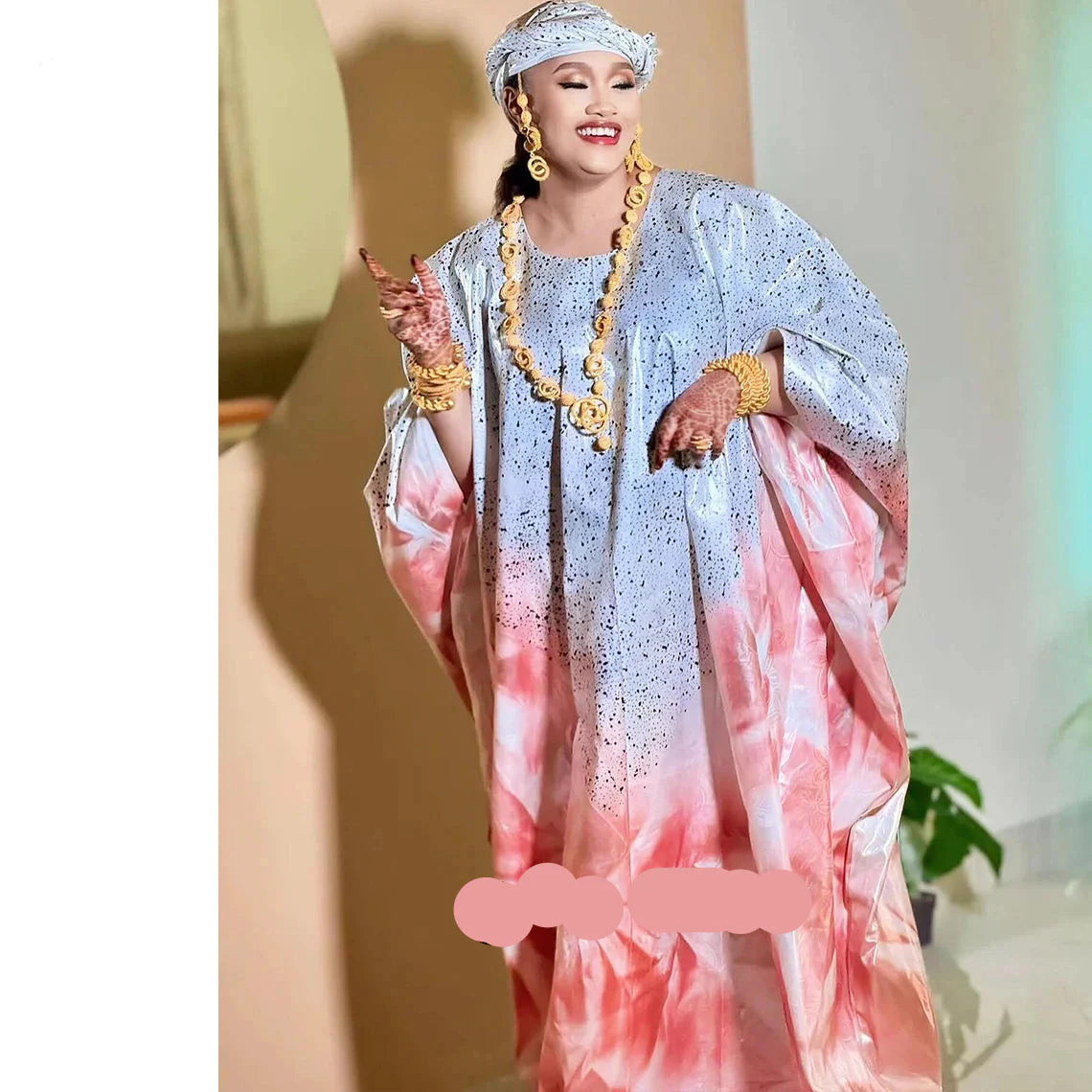 Elegant model wearing Luxury African Dashiki Bubu Dress in rich blue, perfect for special events and traditional occasions.