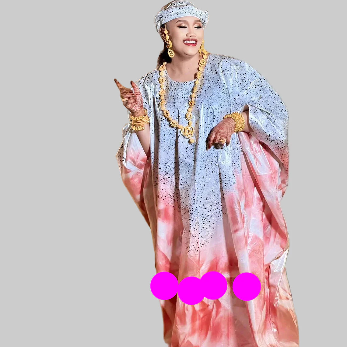 Charming image of the luxurious African Dashiki Hooded Gown ensemble, complete with a shawl, illustrating unique blend of tradition and modern luxury.