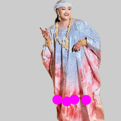 Charming image of the luxurious African Dashiki Hooded Gown ensemble, complete with a shawl, illustrating unique blend of tradition and modern luxury.