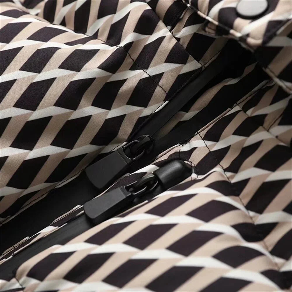 Elegant women's slim fit hooded cotton jacket, perfect for winter skiing with sashes and a thick polyester fill.