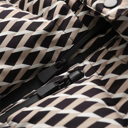 Elegant women's slim fit hooded cotton jacket, perfect for winter skiing with sashes and a thick polyester fill.