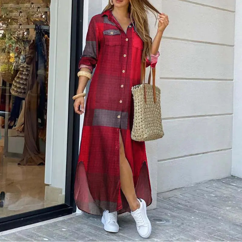 Elegant long sleeve plaid robe maxi dress featuring a stylish split detail and sophisticated turn-down collar for a luxurious summer look.