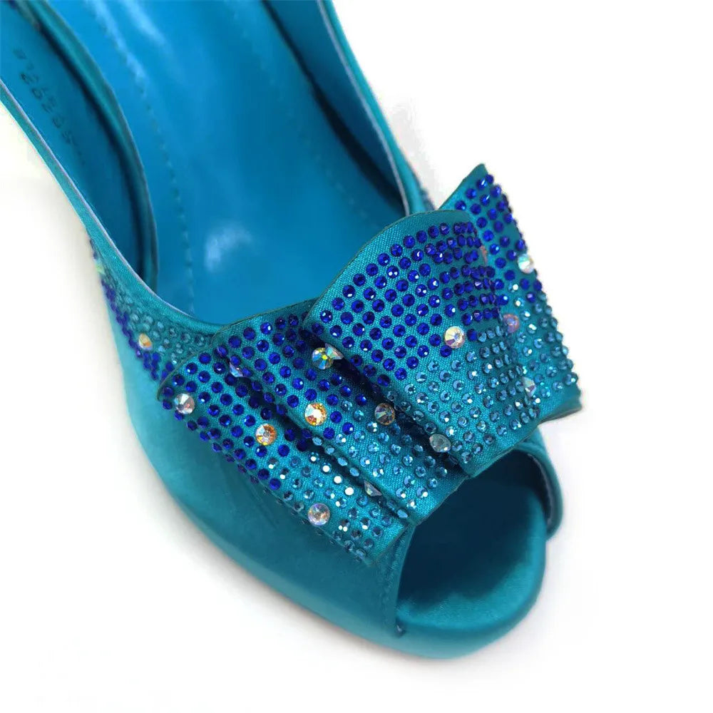 Close-up of luxurious yellow fish beaked toe cap pumps, showcasing the high-quality sequined cloth material, designed for comfort and style.