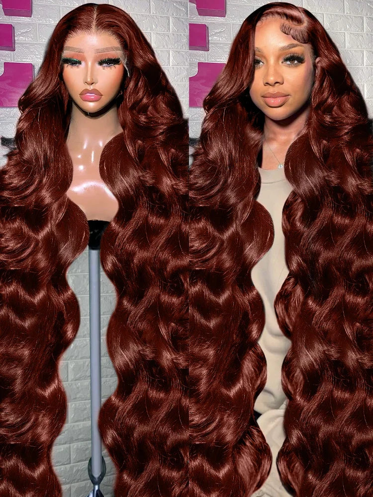 Luxury 250% density 30-32 inch Brazilian auburn reddish brown human hair wig with body wave texture, featuring a 13x4 HD lace front for a natural look.