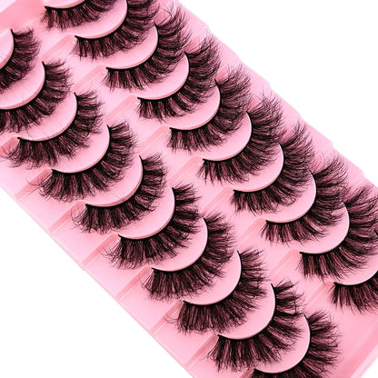 Elegant display of 10 pairs of handmade faux mink lashes, emphasising the high-quality synthetic hair material for a voluminous effect.