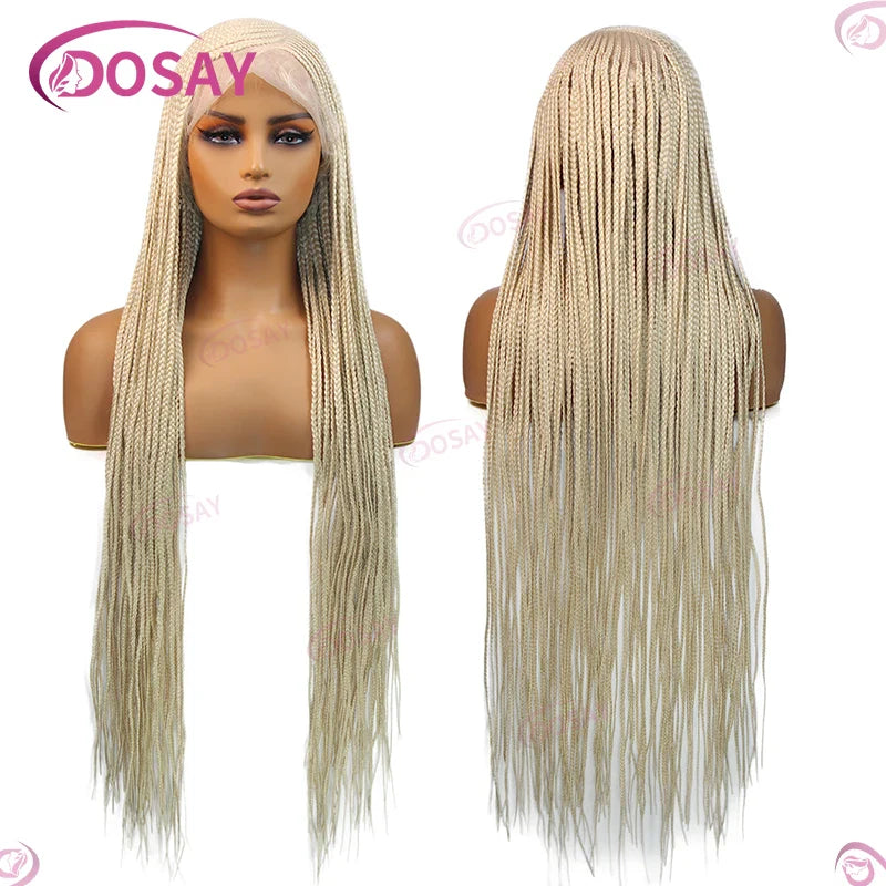 Stylish synthetic box side part braided wig showcasing high-temperature fibre material.