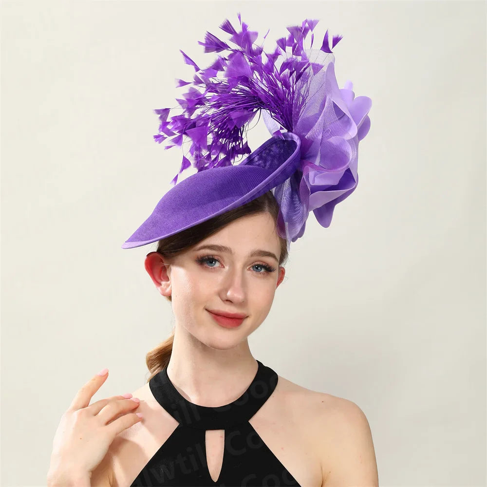 Close-up of the luxurious purple polyester material of a women’s fascinator hat, ideal for tea parties and cocktails.