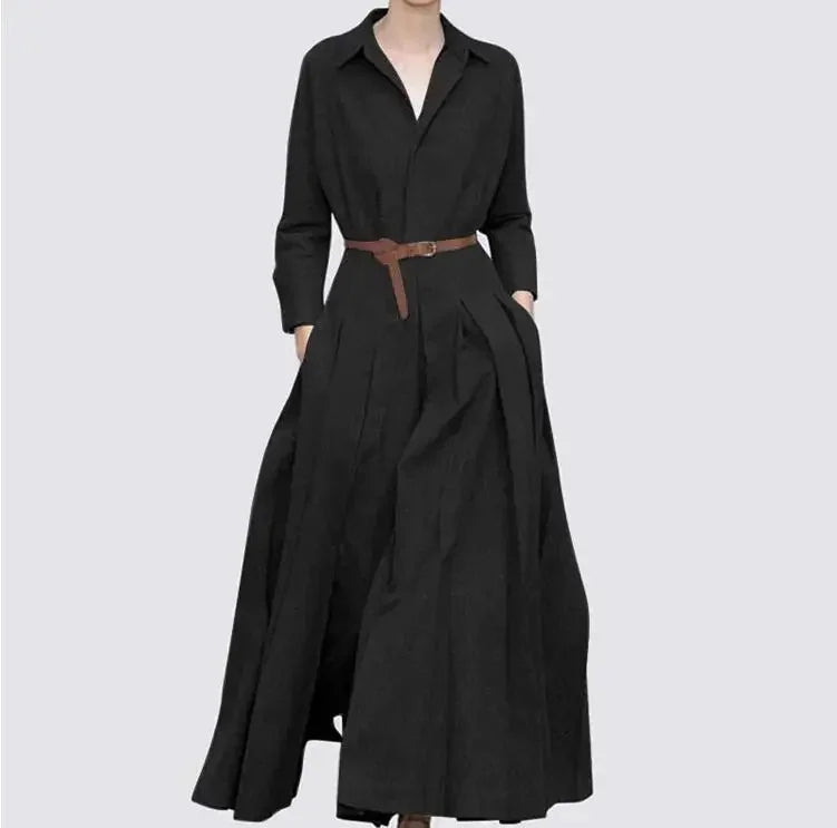 Luxurious elegant maxi shirt dress for women featuring a stylish V-neck, A-line silhouette, and convenient pockets, perfect for casual office wear in sizes S to 5XL.