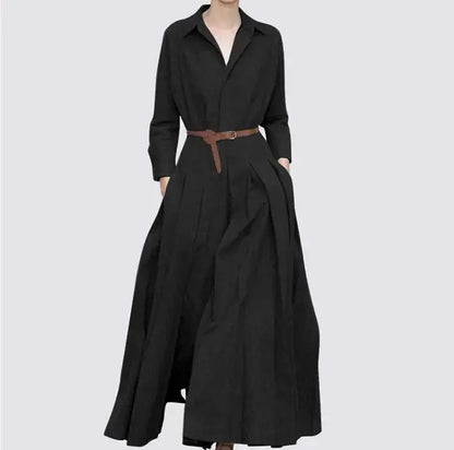 Luxurious elegant maxi shirt dress for women featuring a stylish V-neck, A-line silhouette, and convenient pockets, perfect for casual office wear in sizes S to 5XL.