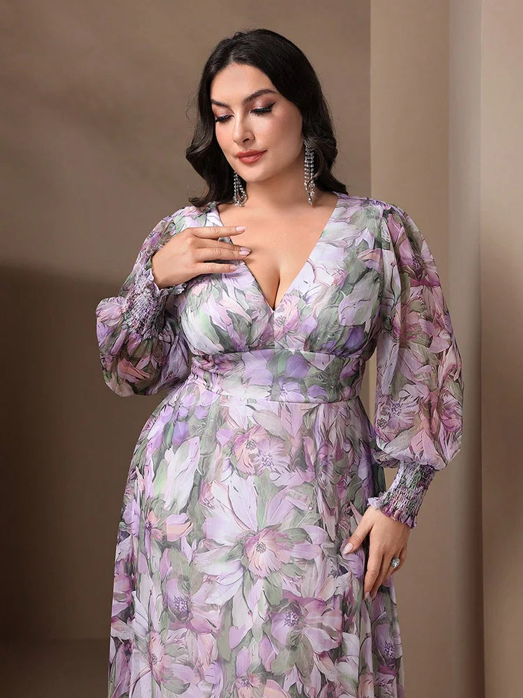 Close-up of intricate floral patterns on TOLEEN Plus Size Women’s Long Dress, accentuated by a sophisticated V-neckline and airy lantern sleeves.