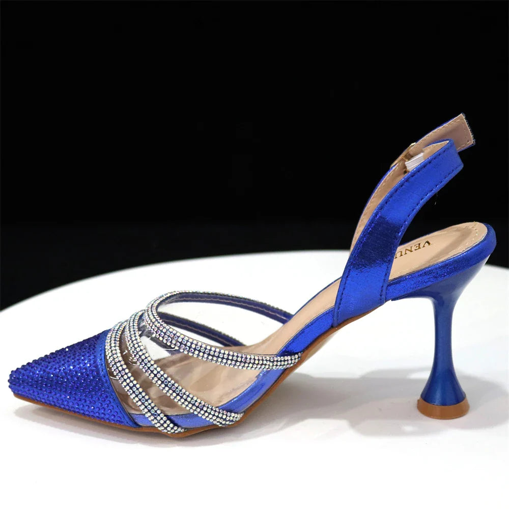 Luxurious Venus Chan women's pointed toe black heels adorned with sparkling rhinestone chain, designed for elegant party occasions.