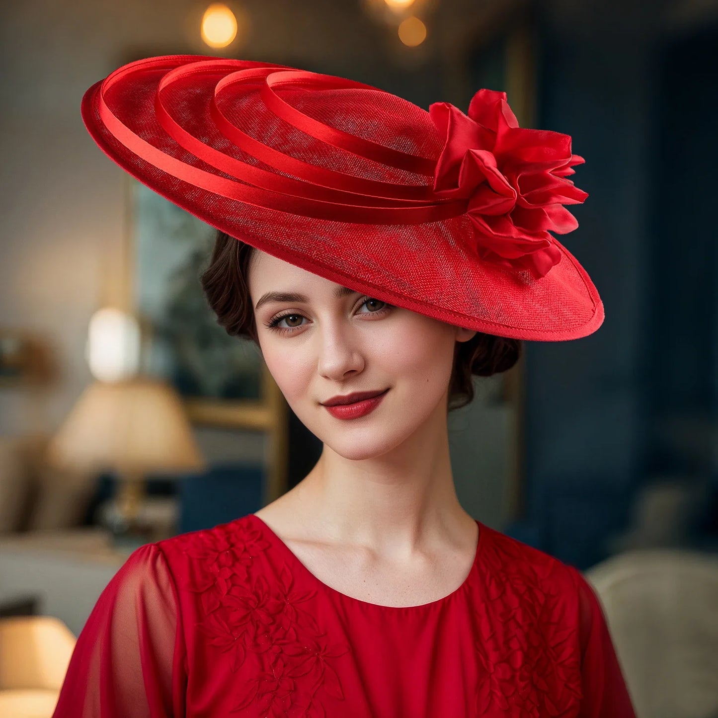 Luxurious sinamay fascinator hat elegantly styled, showcasing its versatility for weddings, derbies, and other prestigious events, made from durable polyester.