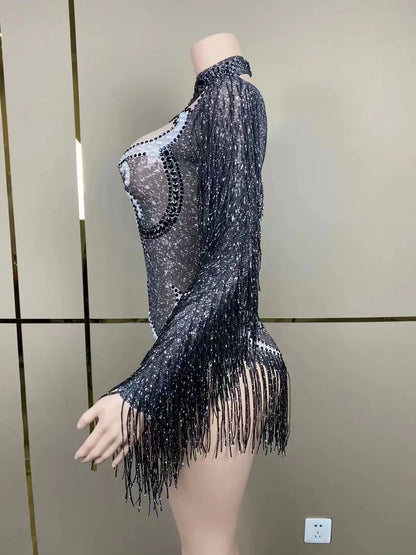 Luxury women's cha-cha dance practice suit featuring a flattering slim stretch skirt and elegant fringe design, enhanced with stunning pearl accents.