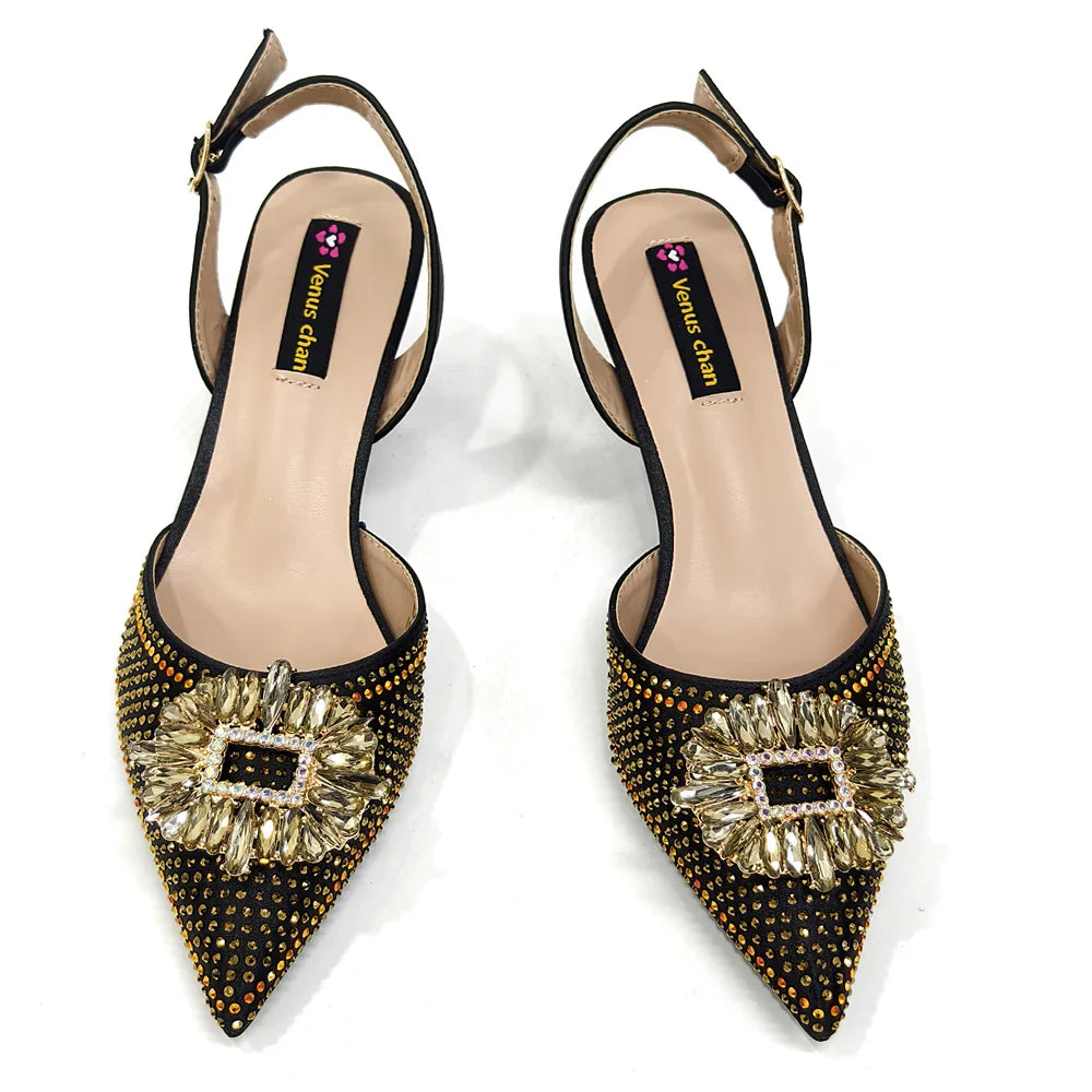 Sophisticated matching handbag with metal handle, designed to complement women's stylish party shoes, exuding elegance.