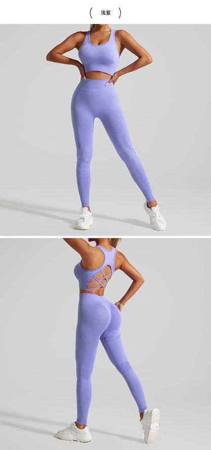 Luxurious seamless yoga set for women featuring a stylish backless crop top made from breathable fabric, perfect for elegant fitness routines.