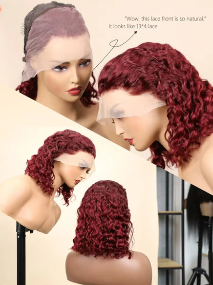 Chic 99J Burgundy water wave bob wig, 14 inches long, featuring Swiss lace technology for optimal breathability and a seamless blend with natural hair.
