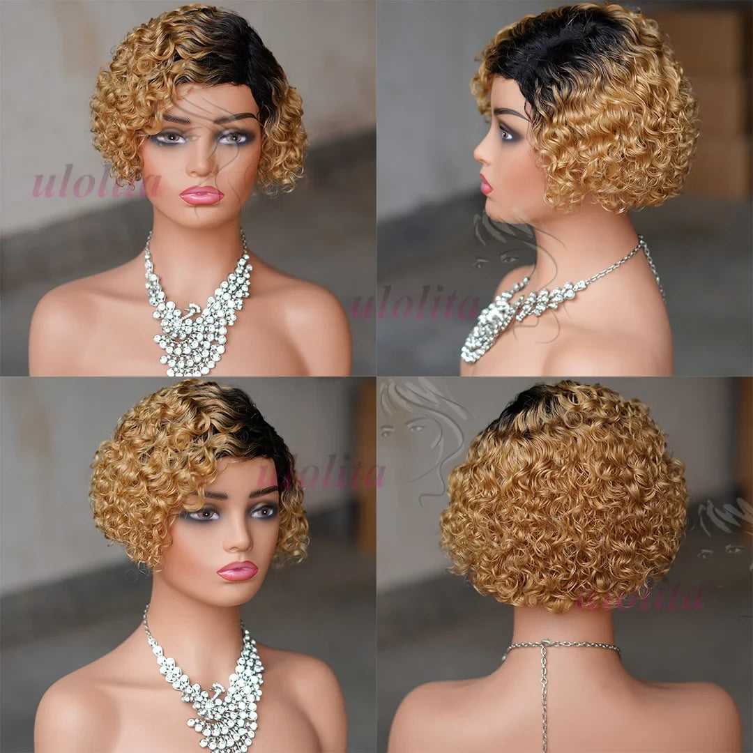 Elegant Ombre Blonde T1B27 Pixie Cut Curly Bob Wig crafted from 100% Brazilian Human Hair, showcasing natural curls and a sophisticated side part.