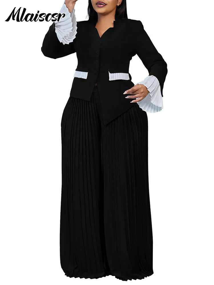 Chic Mlaiscsr African Women's V-Neck Top paired with High Waist Wide Leg Pants, showcasing sophisticated elegance ideal for women seeking sophisticated style in Spring and Summer.