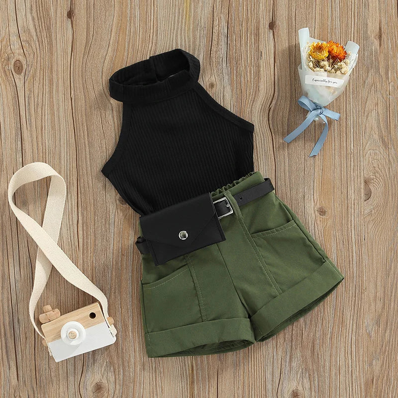 Charming halter top from the girls' summer clothing set, showcasing a delightful print, ideal for warm weather outings.