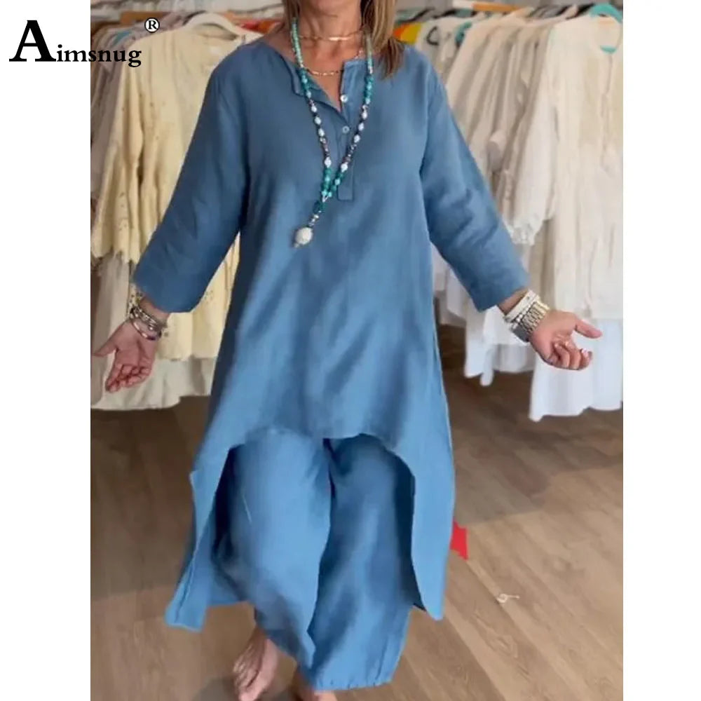 Chic wide leg pants from the plus size women's linen two piece set, showcasing high waist design and flowing silhouette for ultimate comfort.