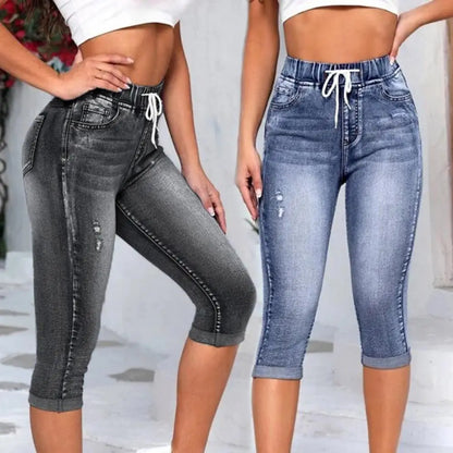 Luxury high waist women's leggings in vintage denim capris style, featuring elegant pockets and an elastic drawstring for a perfect slim fit.