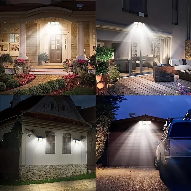 Premium quality LED Solar Wall Light featuring four heads and motion sensor, perfect for providing stylish illumination in outdoor spaces.