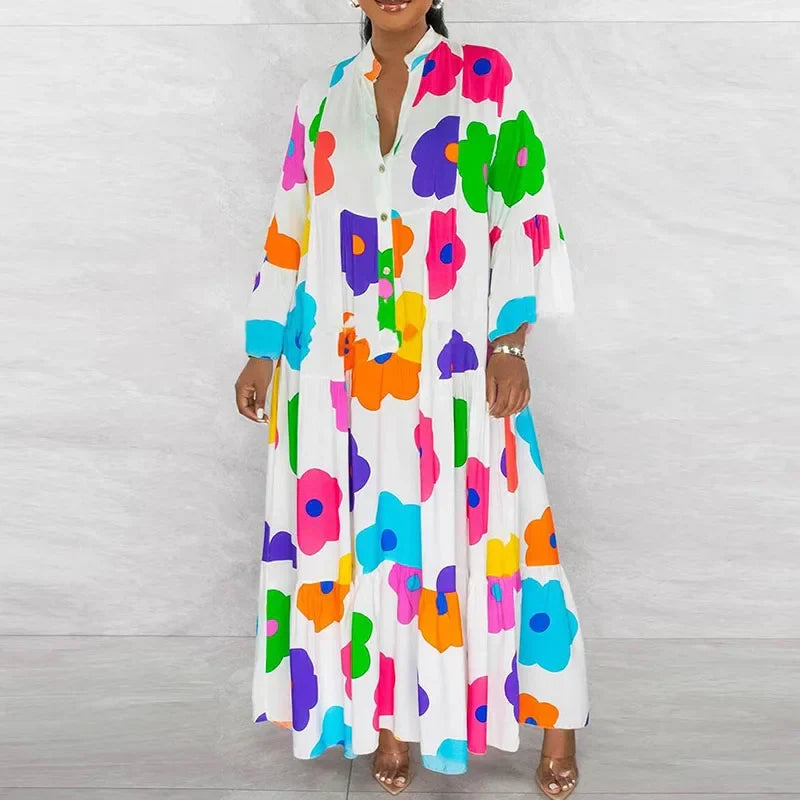 Elegant floral print long sleeve shirt dress for women featuring a casual oversized design, perfect for ankle-length fashion.