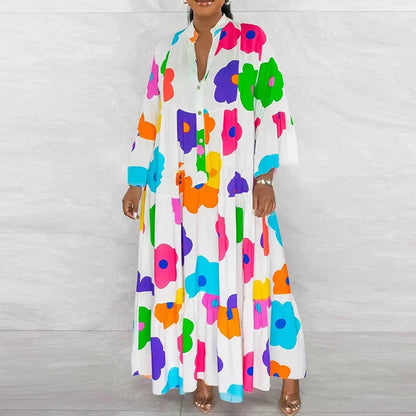 Elegant floral print long sleeve shirt dress for women featuring a casual oversized design, perfect for ankle-length fashion.