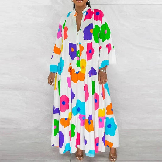 Elegant floral print long sleeve shirt dress for women featuring a casual oversized design, perfect for ankle-length fashion.