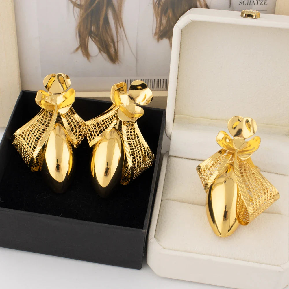 Stylish gold plated earrings from the bow tie necklace and earring set, perfect for formal occasions and imbued with a sense of sophistication.