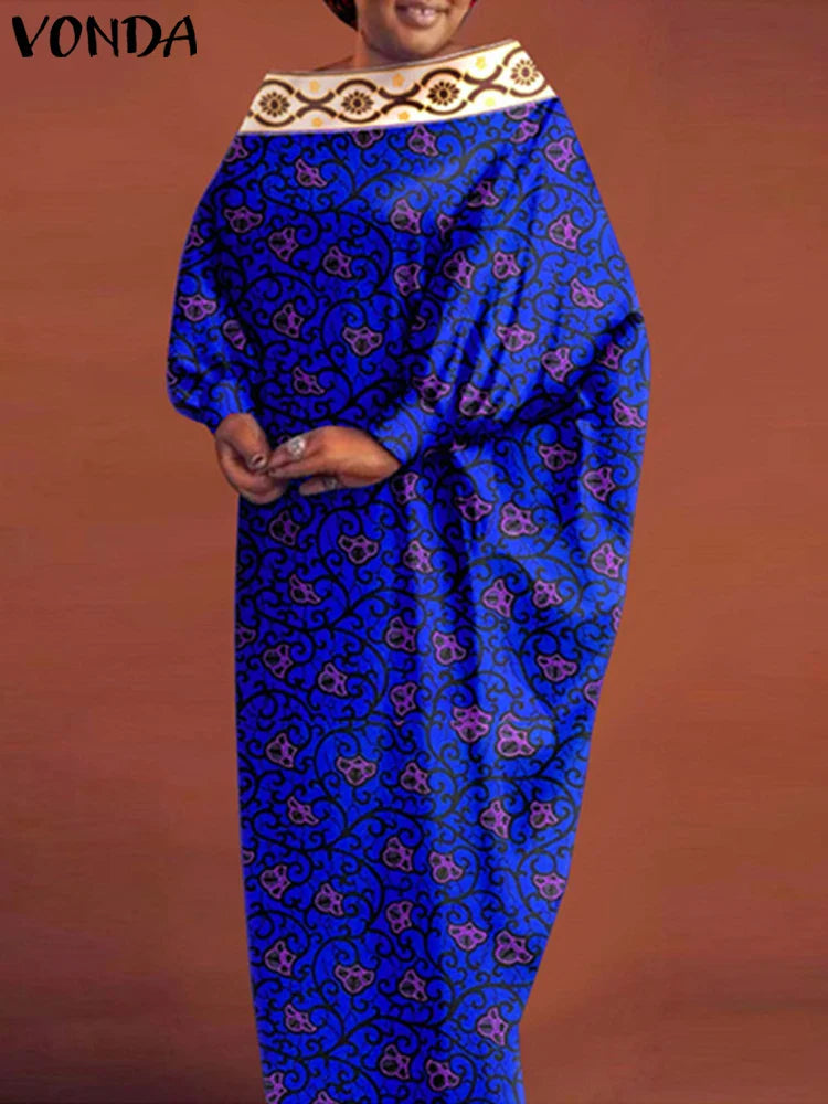 Luxury Elegant Women's Bohemian Maxi Dress with Batwing Sleeves, Ankle-Length, O-Neck, Loose Fit, Print Design in Blue, Red, and Dark Pink for Stylish Occasions.