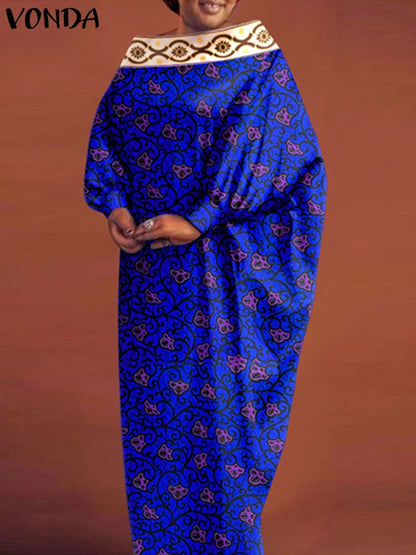 Luxury Elegant Women's Bohemian Maxi Dress with Batwing Sleeves, Ankle-Length, O-Neck, Loose Fit, Print Design in Blue, Red, and Dark Pink for Stylish Occasions.