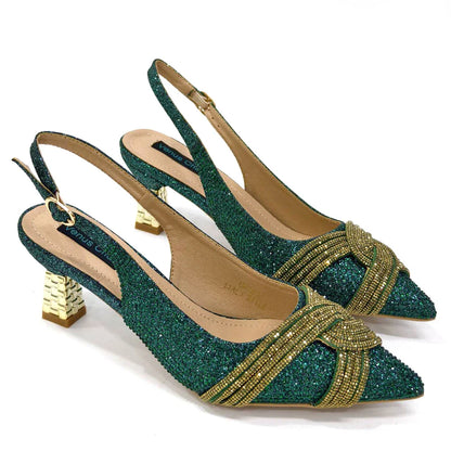 Dazzling Venus Chan Champagne Slingback Heels with a pointed toe and luxurious rhinestone detailing, tailored for women's special occasions and fashionable gatherings.