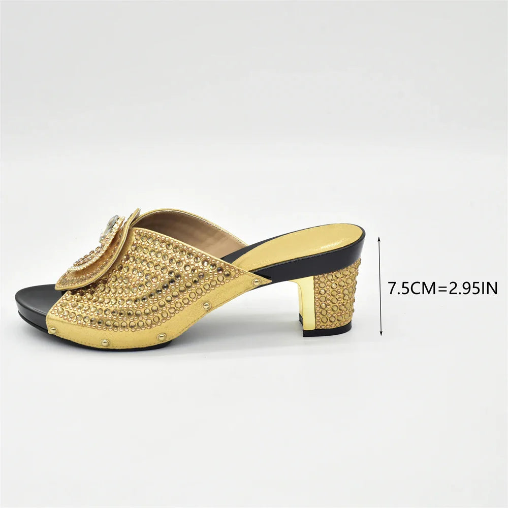 Stylish Italian ladies' round toe shoes and bag set in gold, offering luxurious appeal for formal events.