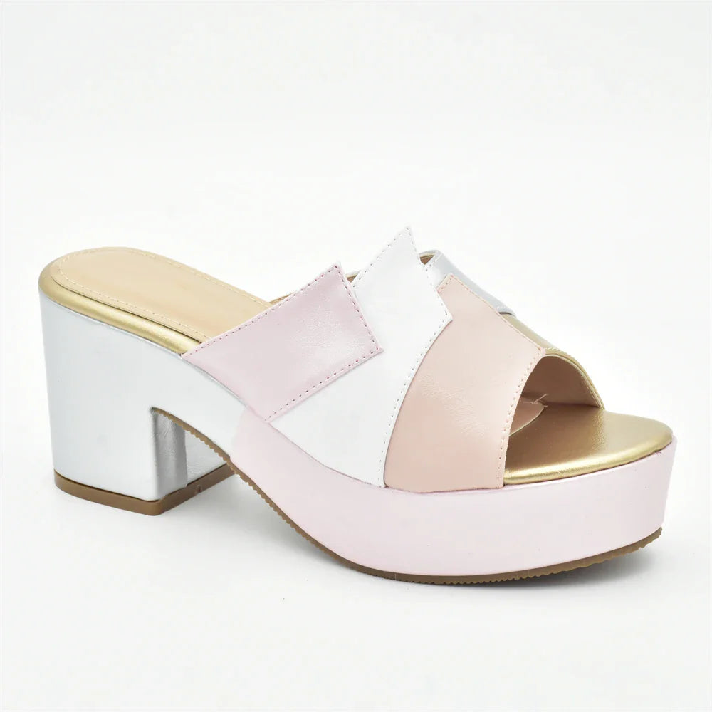 Slingback platform heels in mixed colours with a stylish PU finish, suitable for all elegant summer events.
