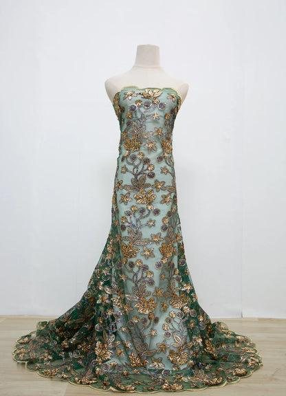 Elegant close-up of Kalume sequined lace fabric showcasing intricate mesh design, ideal for upscale fashion creations.