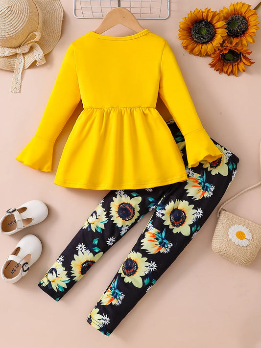 Chic display of a solid flared sleeve top paired with fashionable printed tights, tailored for girls aged 4-6Y, embodying luxury spring style.