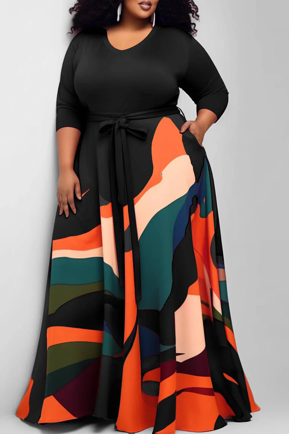 Elegant plus size casual red geometric print maxi dress with round neck and pockets, perfect for women of all ages, designed for versatility in all seasons and crafted from high-quality polyester fabric.
