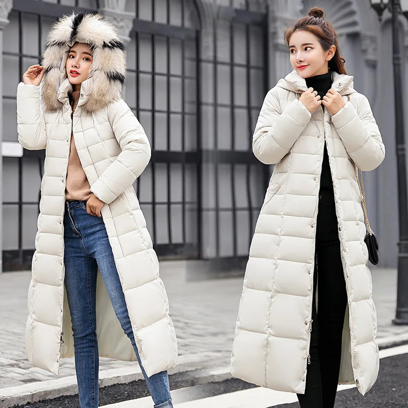 Elegant women's luxury thick cotton padded parka jacket with a stylish hood, designed for winter warmth.
