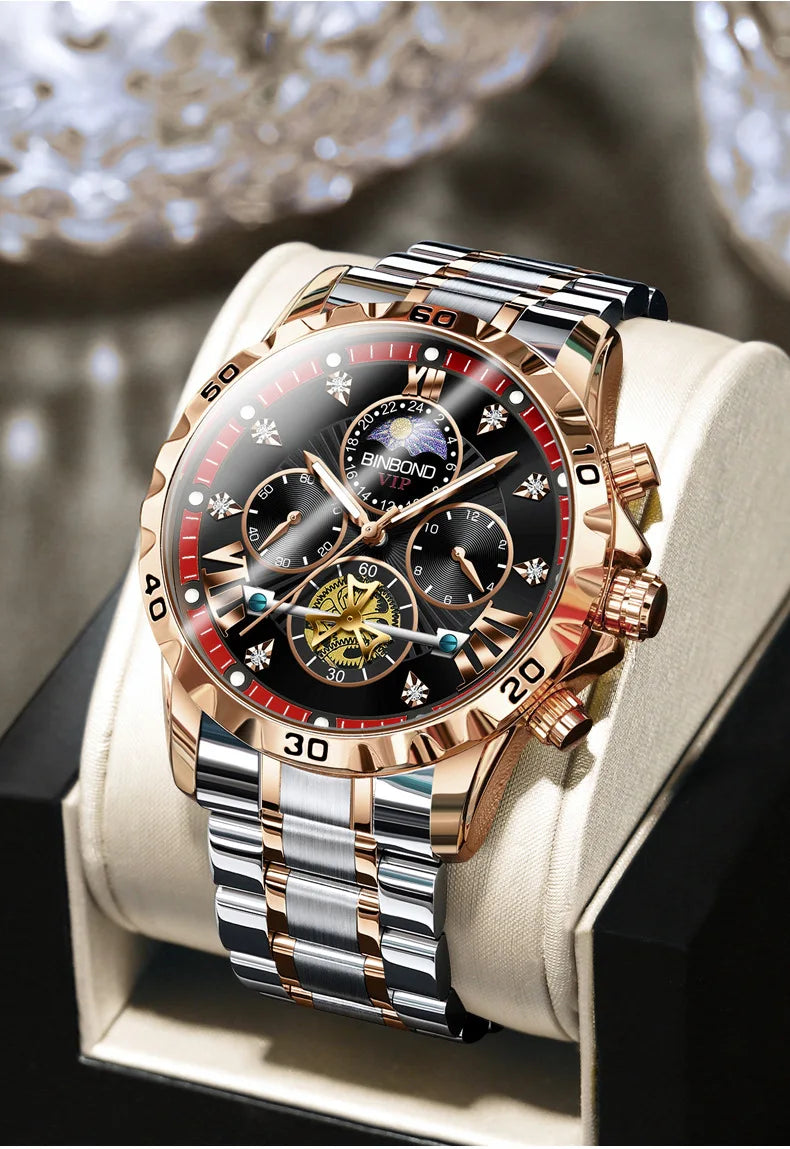 Close-up of the luxurious stainless steel men's quartz watch dial showcasing Roman numerals and luminous hands for an exquisite timepiece experience.