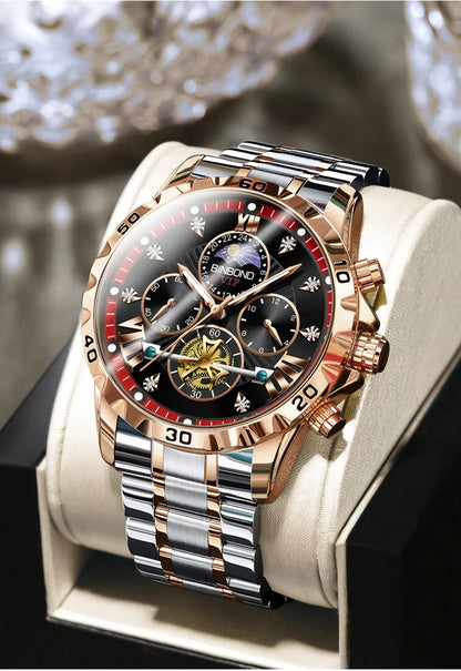 Close-up of the luxurious stainless steel men's quartz watch dial showcasing Roman numerals and luminous hands for an exquisite timepiece experience.