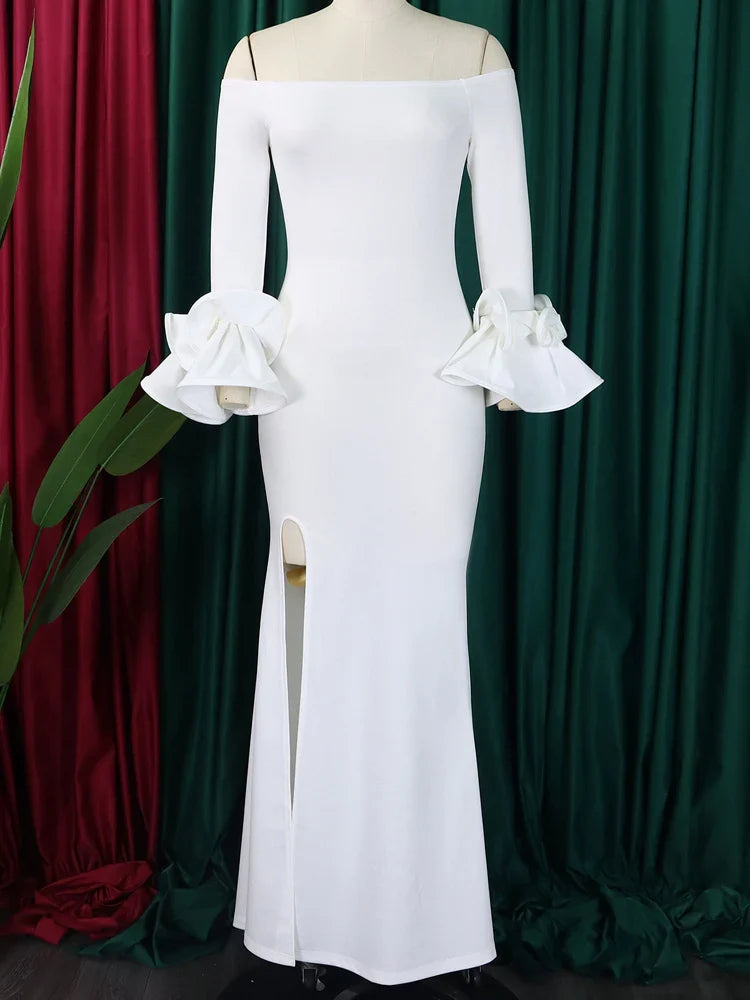 Luxurious floor-length FairyShely bodycon dress in solid fabric, designed for plus size women with a slim fit and O-neckline, ideal for office or evening wear.