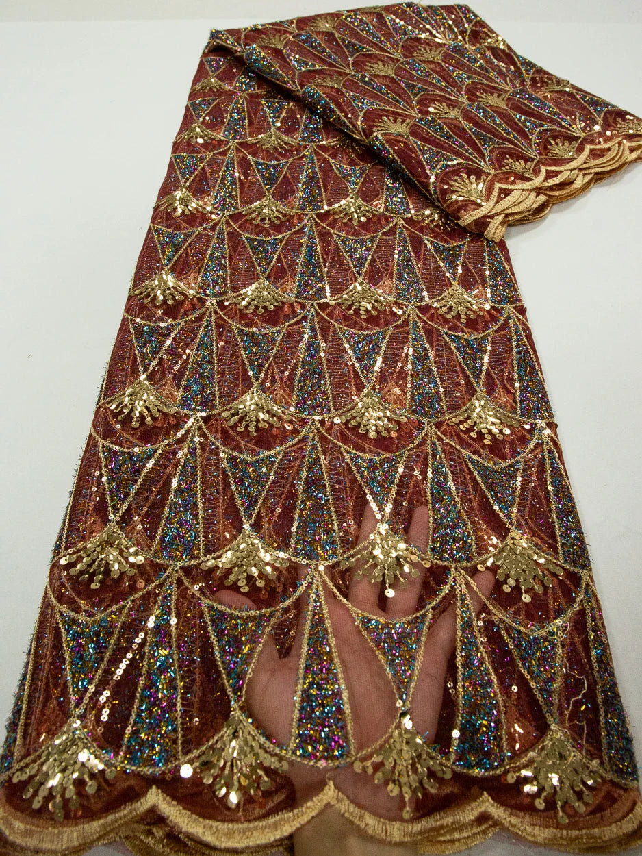 Close-up of Kalume high-quality mesh lace with sequins, showcasing intricate details perfect for elegant dresses and sophisticated styling.