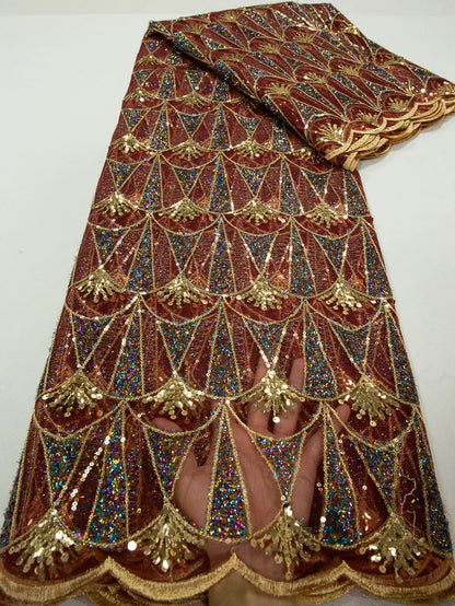 Close-up of Kalume high-quality mesh lace with sequins, showcasing intricate details perfect for elegant dresses and sophisticated styling.