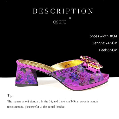 Chic purple slip-on heeled sandals for women, beautifully adorned with rhinestones and crafted for elegance.