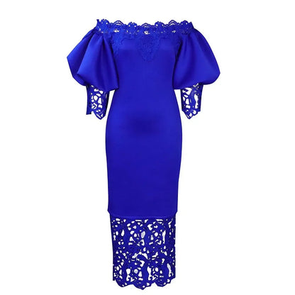 Side view of the elegant women's lace midi dress, displaying its beautiful design with high waist and sheer lace detailing for a timeless appeal.