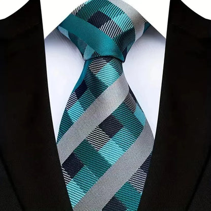 Luxurious men's necktie showcasing a stunning green blue plaid design, crafted from high-quality polyester for a refined touch in formal attire.