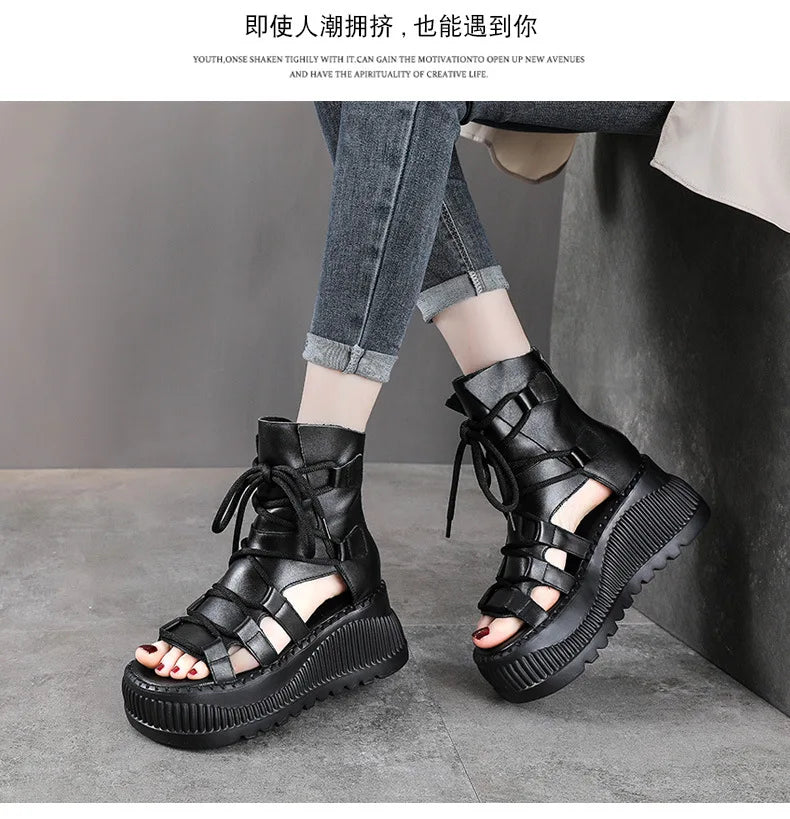 Elegant Koznoy 8cm Ethnic Cow Leather Hollow Peep Toe Wedge Ankle Booties for Women, showcasing breathable summer fashion in a sophisticated style.