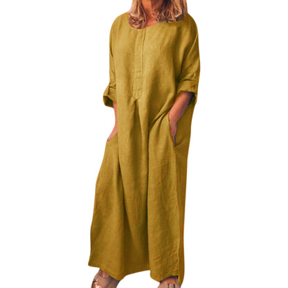 Refined plus size summer maxi dress with long sleeves, O-neck, and a fluid A-line style, offering both sophistication and ease.